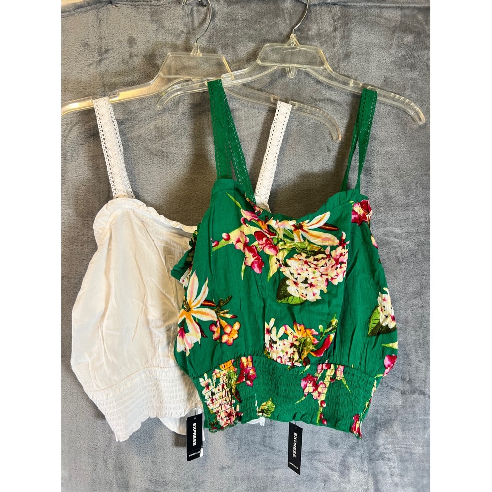 Express Crop‎ Top Floral Tie Back Sleeveless Tank White Green Size L New